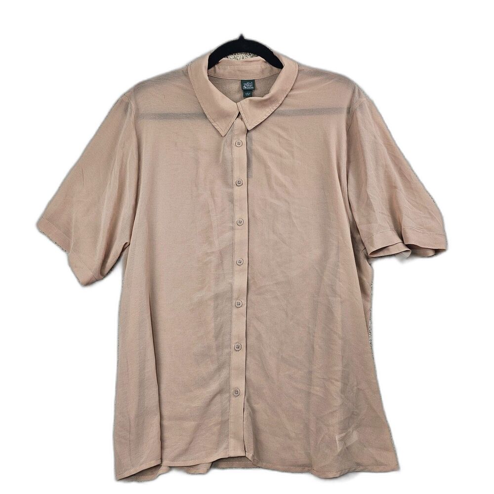 Wild Fable Short-Sleeve Oversized Sheer Button Down Shirt Tan Women's Large